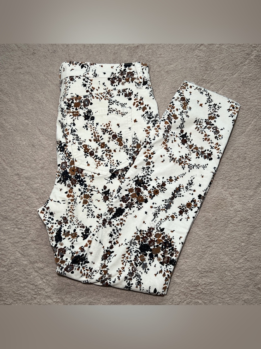 Free People Floral Corduroy Pants High Rise Raw Hem Cottage Boho Autumn Sz 31